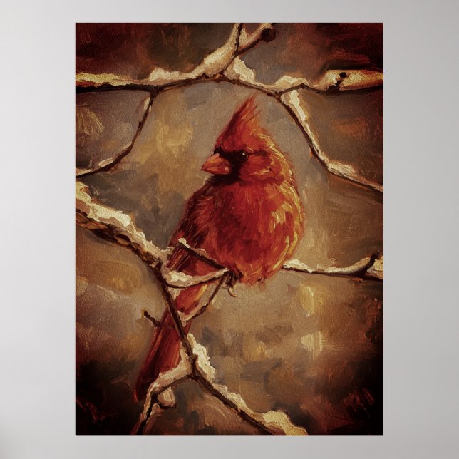 Red Cardinal Bird Oil Painting – Winter Branch Poster (Framsidan)