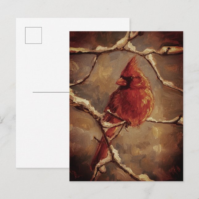 Red Cardinal Bird Oil Painting – Winter Branch Vykort (Fram/baksida)
