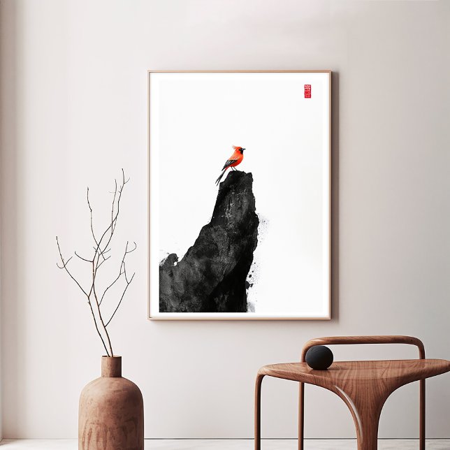 Red Cardinal Bird on Bläck Tvättar Sten - Zen Art  Canvastryck (Skapare uppladdad)