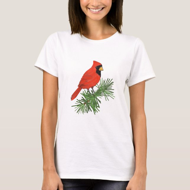 Red Cardinal Bird vid Gräs Träd T Shirt (Framsida)