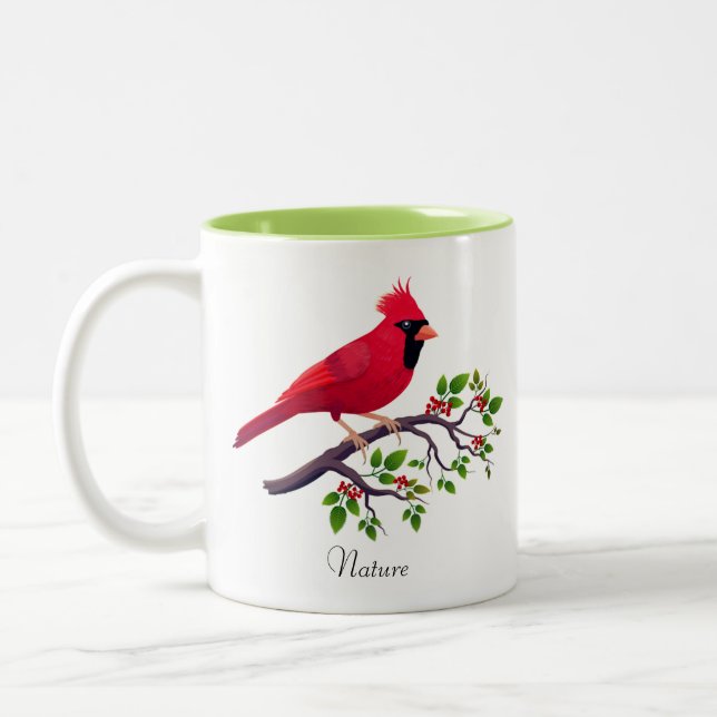 Red Cardinal Bird vid Träd Gren Två-Tonad Mugg (Vänster)