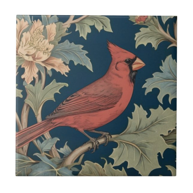 Red Cardinal Bird William Morris stil höger (fågla Kakelplatta (Framsidan)