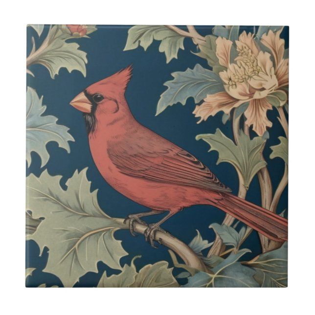 Red Cardinal Bird William Morris stil lämnat vänd Kakelplatta (Framsidan)