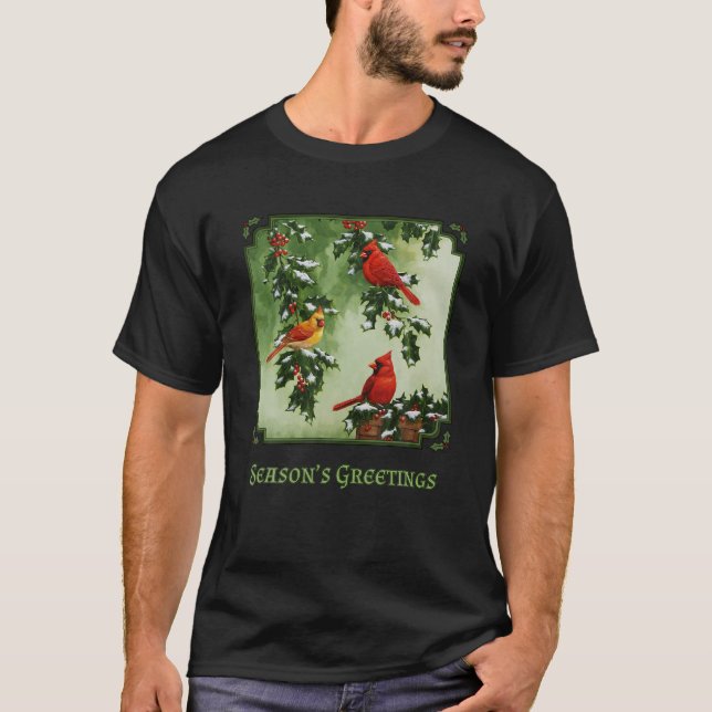 Red Cardinal Birds jul Holly Berries Löv T Shirt (Framsida)