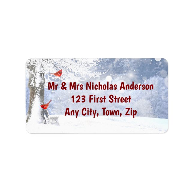 Red Cardinal Birds Julsnowy Träd Adressetikett (Framsidan)