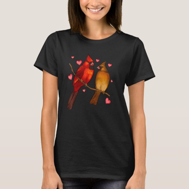 Red Cardinal Birds Love Hearts Valentine's Day For T Shirt (Framsida)