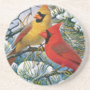 Red Cardinal Birds Winter Ceramic Sandstone Snö Underlägg