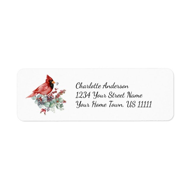 Red Cardinal Eucalyptus Red Berries Greenery Label Returadress Etikett (Framsidan)