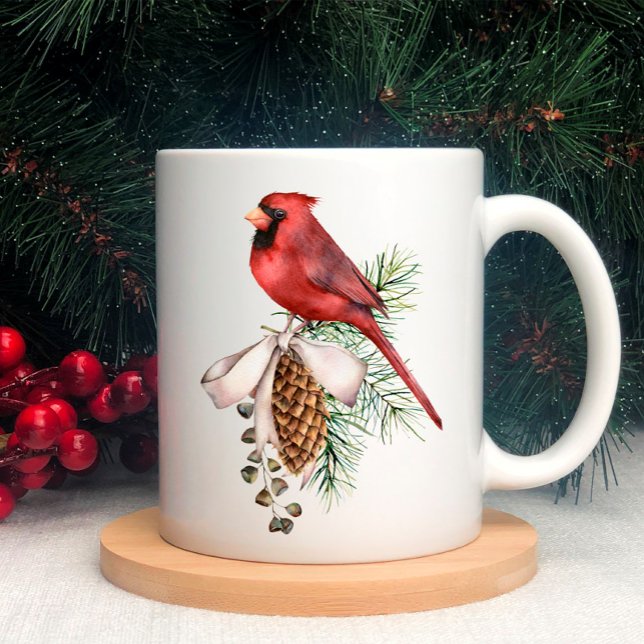 Red Cardinal, Gräs Cones, Gren, Ribbon-julen Kaffemugg (Skapare uppladdad)