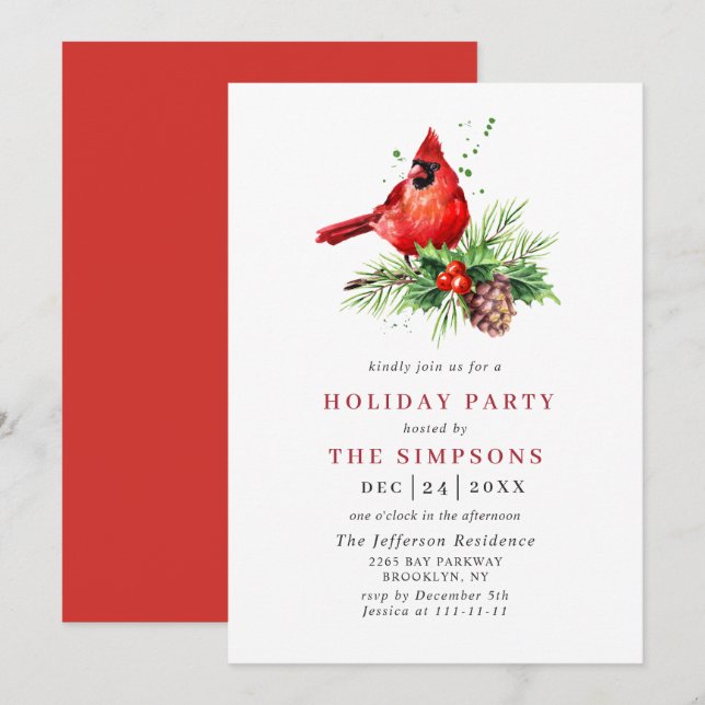 Red Cardinal Holly Berry-Julfesten, jul Inbjudningar (Fram/baksida)