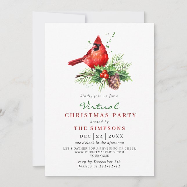 Red Cardinal Holly Berry VIRTUELL jul Party Inbjudningar (Framsida)