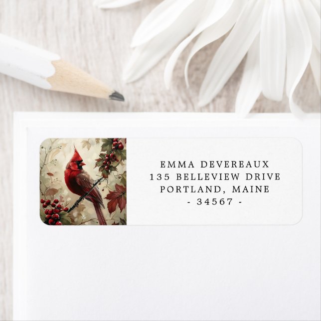 Red Cardinal och Berries Returadress Etikett (Insitu)