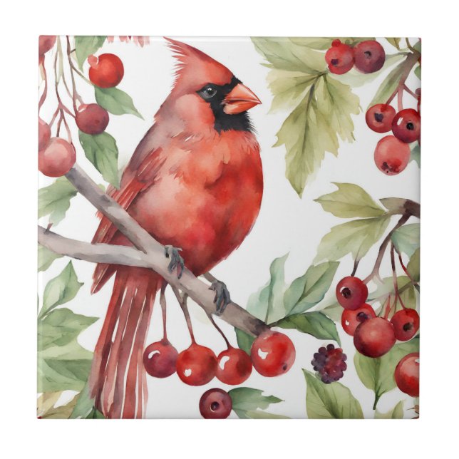 Red Cardinal och Red Berry Gren jul Kakelplatta (Framsidan)