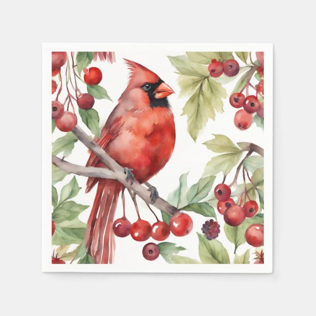 Red Cardinal och Red Berry Gren jul Pappersservett (Framsidan)