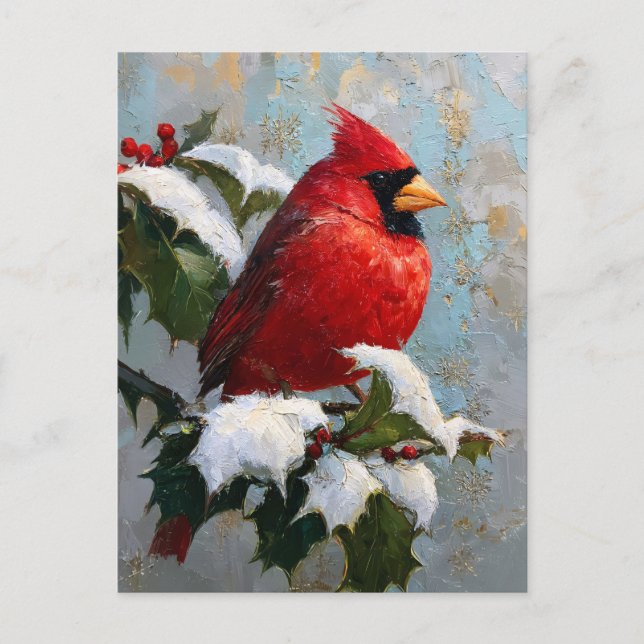 Red Cardinal on Snowy Holly Vykort (Framsida)