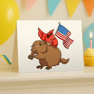 Red Cardinal Riding a Groundhog med amerikansk Fla Hälsningskort