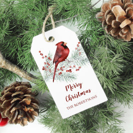 Red Cardinal Snowy Gräs Gren jul Presentetikett