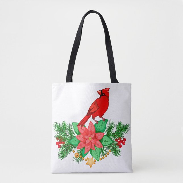 Red Cardinal Tote Bag Tygkasse (A white tote bag with black handles features a festive design.)