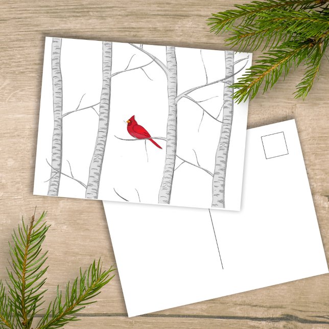 Red Cardinal Woodland Winter Träd Rustic Land Helg Vykort (Simple winter botanical red cardinal postcard with a minimalist design.)