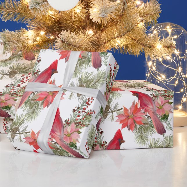 Red Cardinals, Berries and Poinsettia Flowers Presentpapper (Helgdagar)