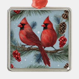 Red Cardinals, Berries, Gräs Grenar, Pinecones Julgransprydnad Metall
