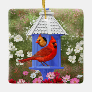 Red Cardinals Bird House Blomsterträdgård Julgransprydnad Keramik