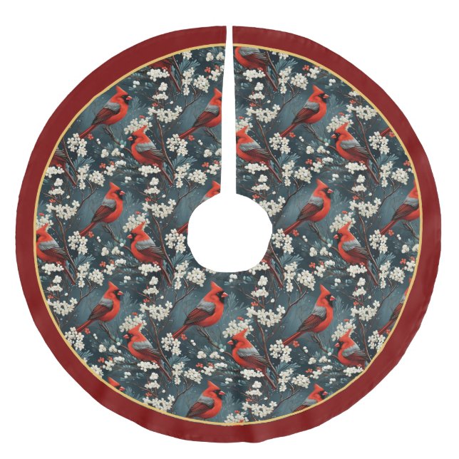 Red Cardinals Christmas Tree Skirt Julgransmatta Borstad Polyester (Framsidan)