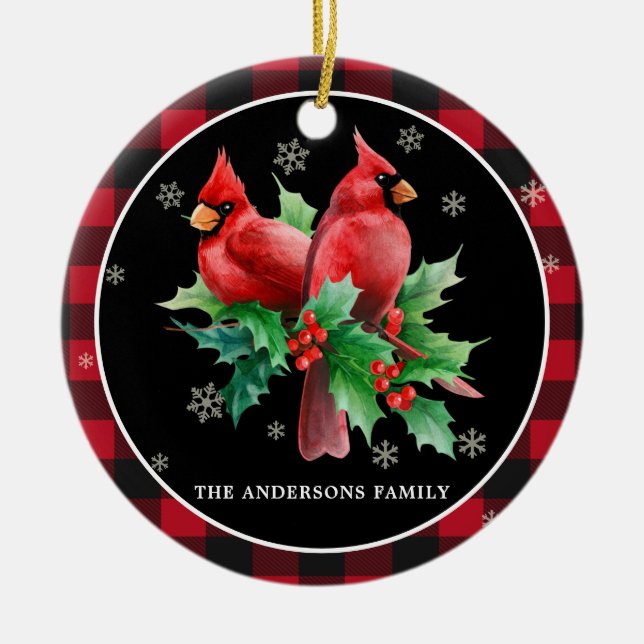 Red Cardinals Holly Berries Personlig jul Julgransprydnad Keramik (Framsidan)