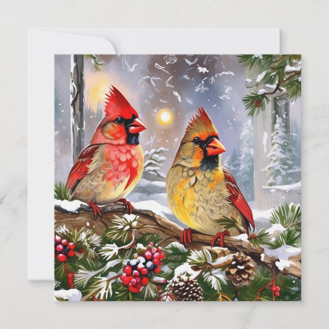 Red Cardinals with Berries, Pinecones Winter Julkort (Framsida)