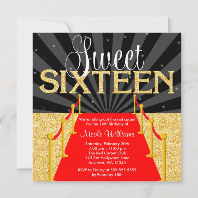 Red Carpet Guld Glam Hollywood Sweet 16 Birthday Inbjudningar (Framsida)