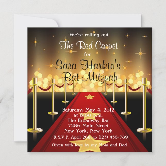 Red Carpet Hollywood Bat mitzvah Birthday Inbjudan (Framsida)