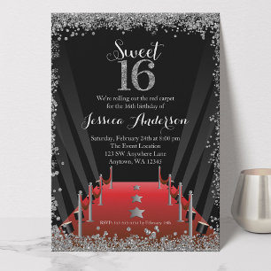 Red Carpet Hollywood Silver Glitter Sweet 16 Inbjudningar