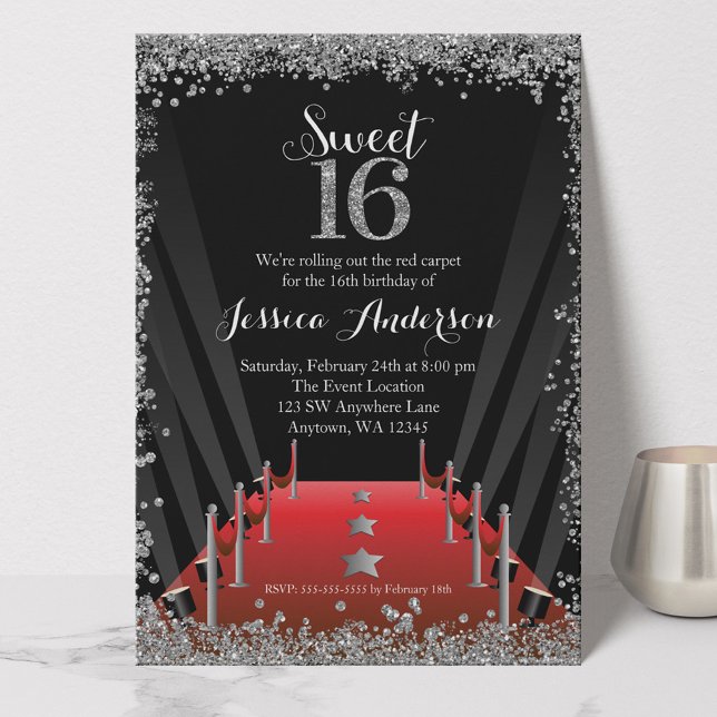Red Carpet Hollywood Silver Glitter Sweet 16 Inbjudningar (Skapare uppladdad)