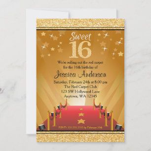 Red Carpet Hollywood Star Guld Sweet 16 Birthday Inbjudningar