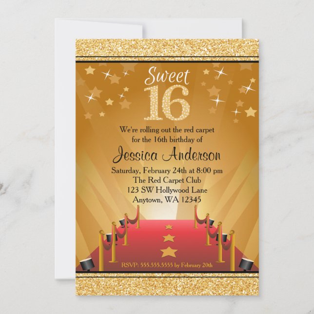 Red Carpet Hollywood Star Guld Sweet 16 Birthday Inbjudningar (Framsida)