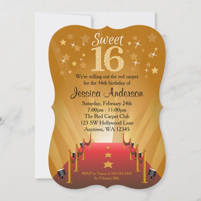 Red Carpet Hollywood Star Sweet 16 Birthday Inbjudningar (Framsida)
