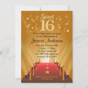 Red Carpet Hollywood Star Sweet 16 Birthday Inbjudningar
