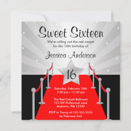 Red Carpet Silver Hollywood Sweet 16 Birthday Inbjudningar