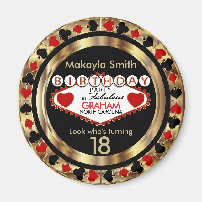 Red Casino Poker Chip Birthday Magnet (Framsidan)