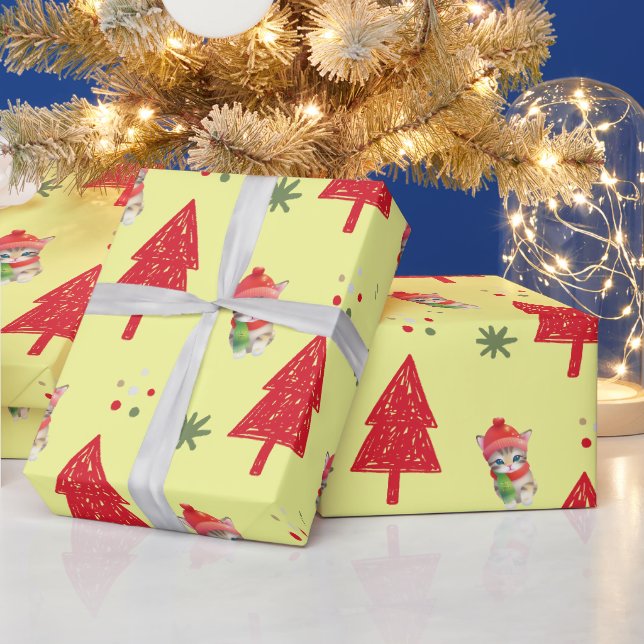 Red cat Santa Julafton träd Seamless mönster Presentpapper (Helgdagar)
