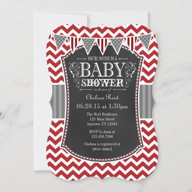 Red Chalkboard Chevron Baby Shower Inbjudan (Framsida)