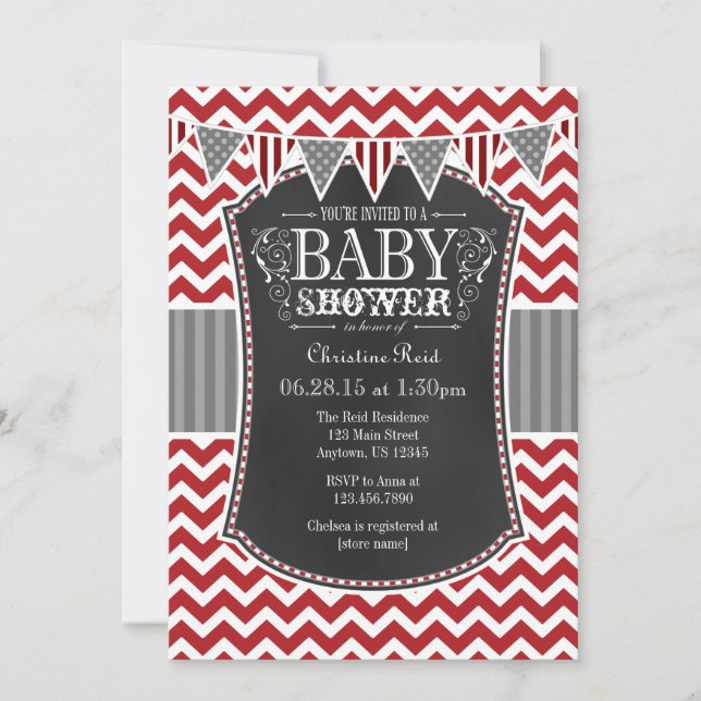Red Chalkboard Chevron Baby Shower Inbjudan (Framsida)