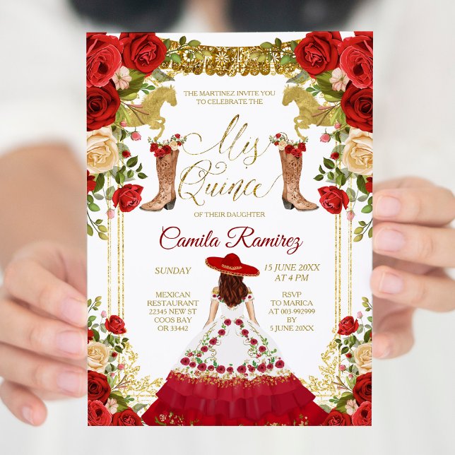 Red Charro Dress & Mexican Boots Girl Sweet 15:e Inbjudningar (Skapare uppladdad)