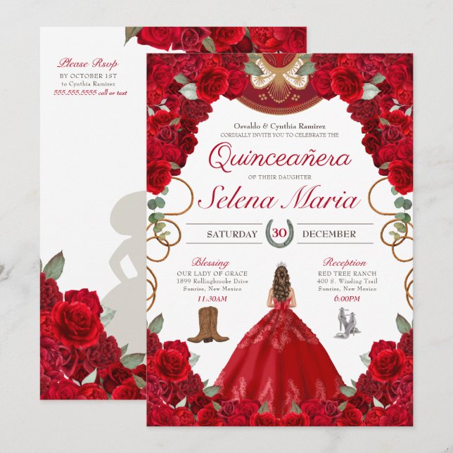 Red Charro Elegant Peonies Ro Quinceanera Inbjudningar (Fram/baksida)