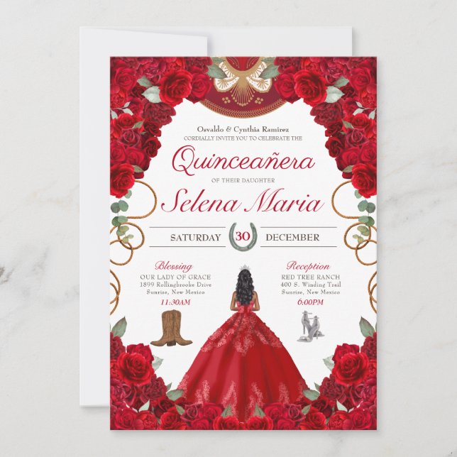 Red Charro Elegant Ro Quinceanera Inbjudningar (Framsida)