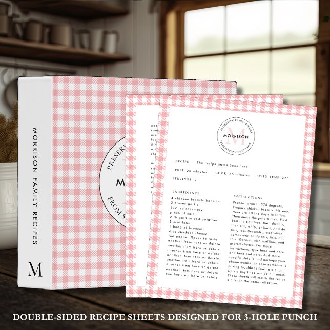 Red Check Gingham Monogram Family Recipe Lakan (Preserving Family Recipes Double-Sided Red Check Recipe Sheets Designed for 3-Hole Punch)