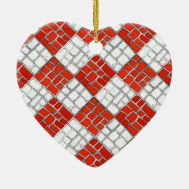 RED CHECK MOSAIC Ceramic Heart Ornament (Framsidan)