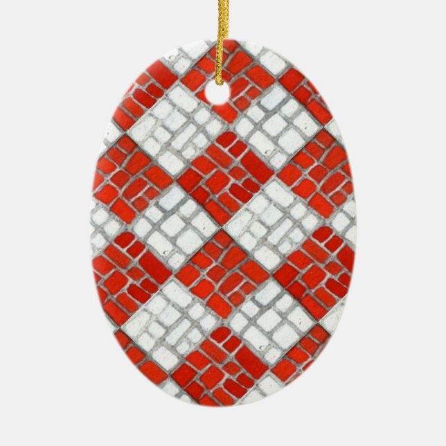 RED CHECK MOSAIC Ceramic Oval Ornament (Framsidan)
