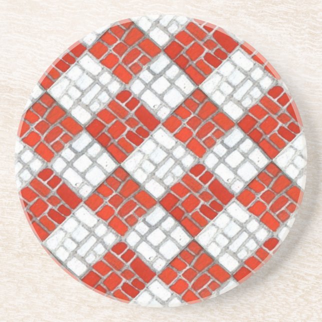 RED CHECK MOSAIC Round Sandstone Underlägg (Framsidan)