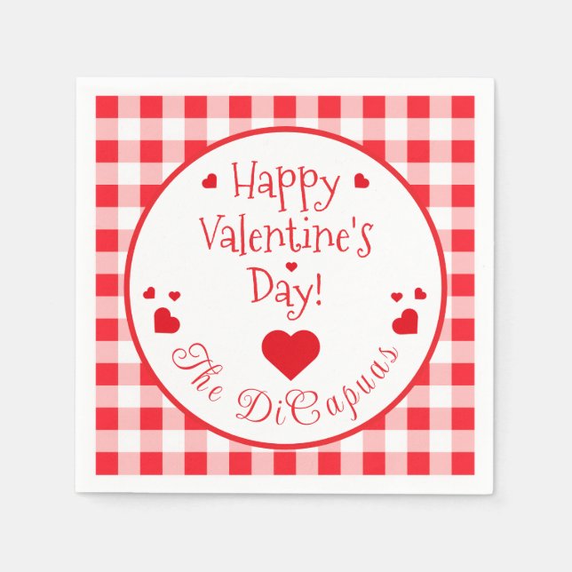 Red Check Red Hearts Valentine's Day Paper Napkin Pappersservett (Framsidan)